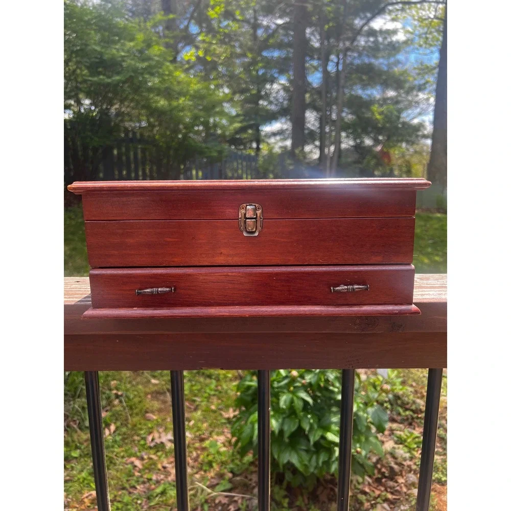 Vtg 70s Floral Wood Jewelry Box‎ Retro Cottagecore Mirror Drawer